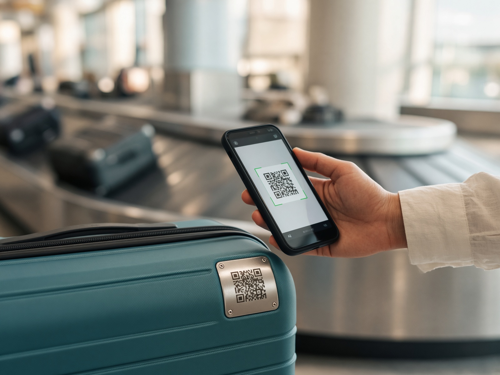 Maleta en un aeropuerto con un QR que alguien escanea