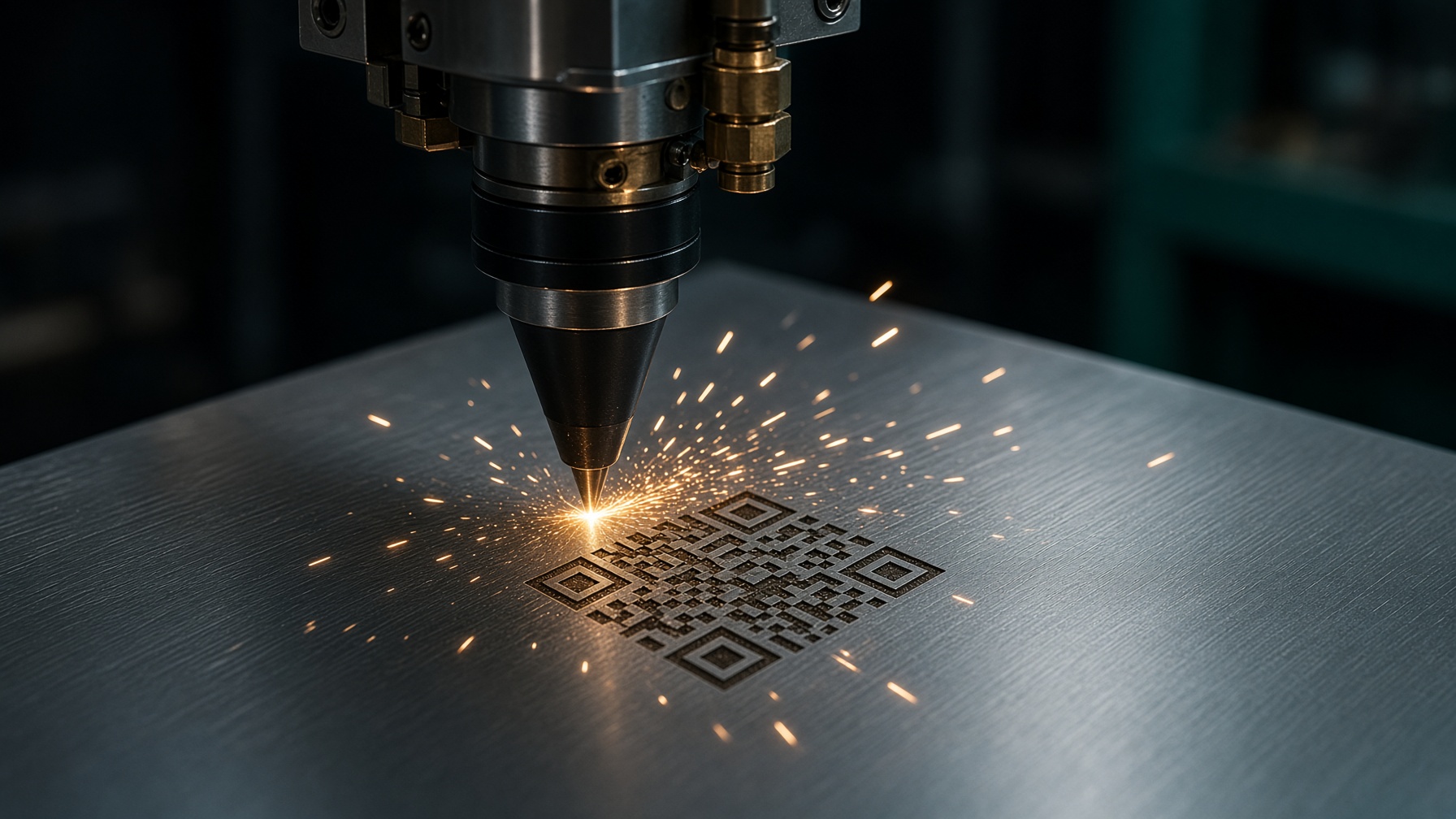 Cabezal láser grabando un QR en acero